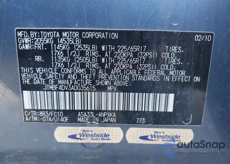 2010 Toyota Rav4 from USA, damaged, VIN JTMBF4DV3AD035615